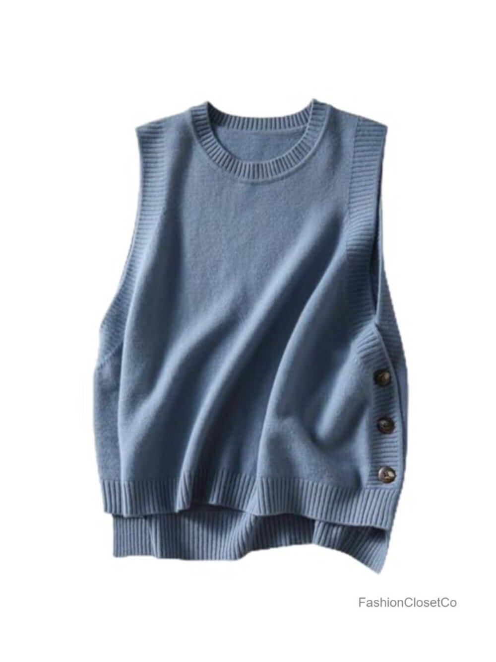 Women's Sleeveless Ribbed Knit Sweater Vest Crew Neck Loose Fit Button Side